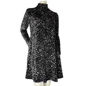 Sympli Trapeze Midi Dress Animal Print Black White Mock Neck‎ Elevated Basics  8